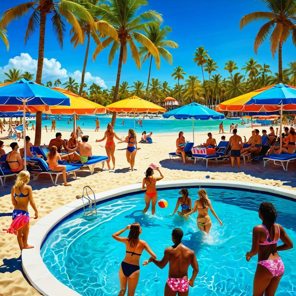 A lively summer scene with friends enjoying a sunny pool party, showcasing a variety of stylish swimwear. In the background, a beach volleyball game is taking place, highlighting vibrant colors and energetic movement, surrounded by palm trees and beach umbrellas. Bright sun, blue skies, and splashing water add to the festive atmosphere. super-realistic. vibrant colors. summer theme.